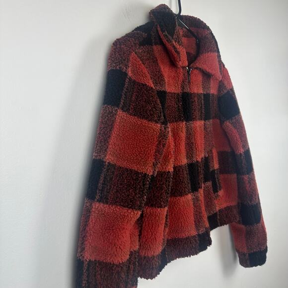 Noisy May Womens Full-Zip Sherpa Buffalo Plaid Orange/Black Trucker Jacket XS - Picture 3 of 11